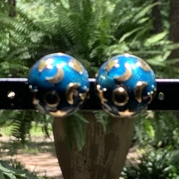 Kenneth Jane Lane (KJL) Earrings Celestial Enamel Blue & Gold Button Clip-Ons - Picture 3 of 11